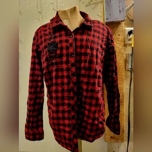 Faded Glory Red and Black Plaid  Embroidered Rose